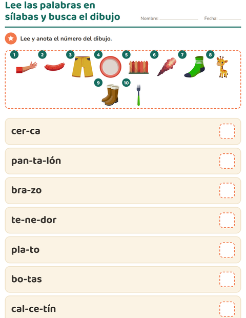 Vista previa de la hoja de Lectura de sílabas para grado 1