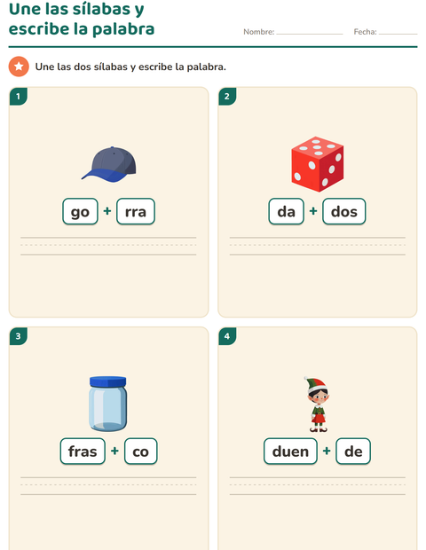 Vista previa de la hoja de Lectura de sílabas para grado 1