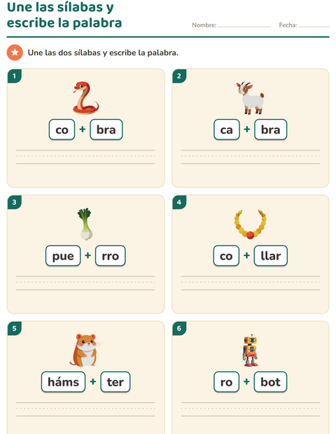 Une las sílabas y escribe la palabra: dos fichas y un signo más — primer grado