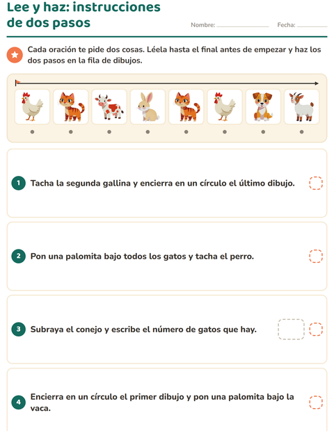 Lee y haz: instrucciones de dos pasos en una sola oración — primer grado