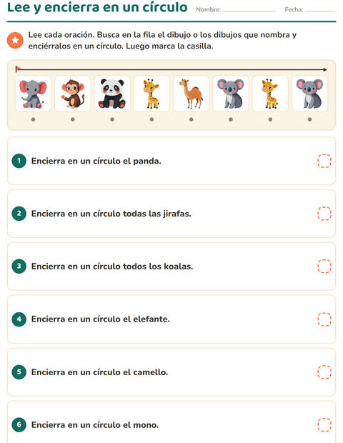 Vista previa de Lee y encierra en un círculo el animal del zoológico que nombra la frase — primer grado