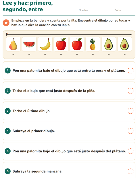 Lee y haz con primero, segundo y entre: el dibujo por su lugar en la fila — primer grado