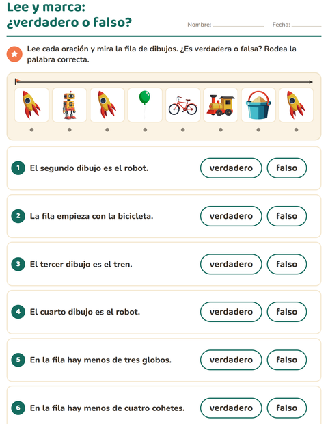 Lee y marca: ¿verdadero o falso? Seis afirmaciones sobre la fila de dibujos — primer grado