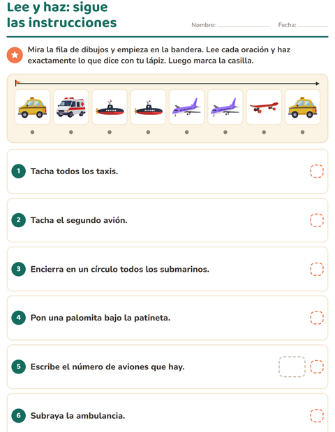 Vista previa de la hoja de Lee y haz con Vehículos para grado 1