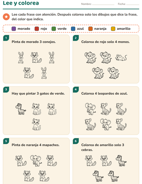Vista previa de la hoja de Leer y colorear con Animales BN 2 para grado 1