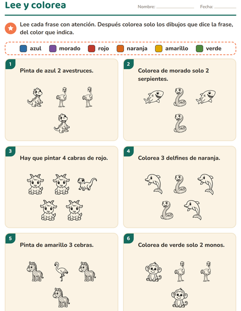 Vista previa de la hoja de Leer y colorear con Animales BN 5 para grado 1