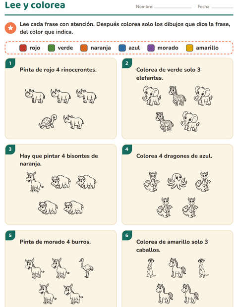 Vista previa de la hoja de Leer y colorear con Animales BN para grado 1