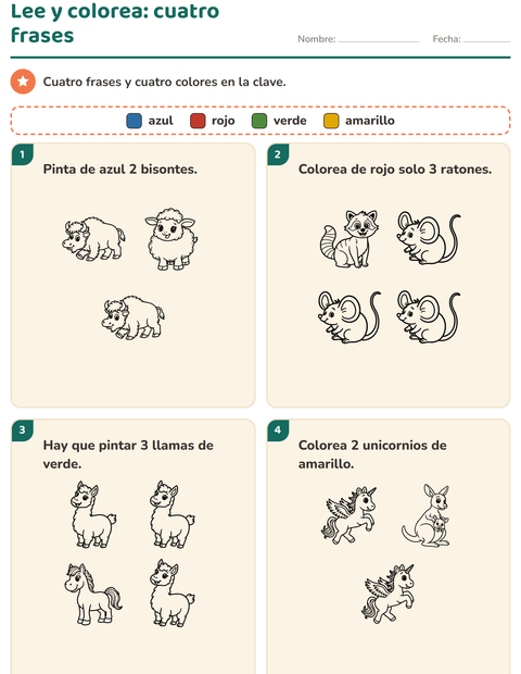 Lee y colorea: cuatro frases con animales y cuatro colores — primer grado