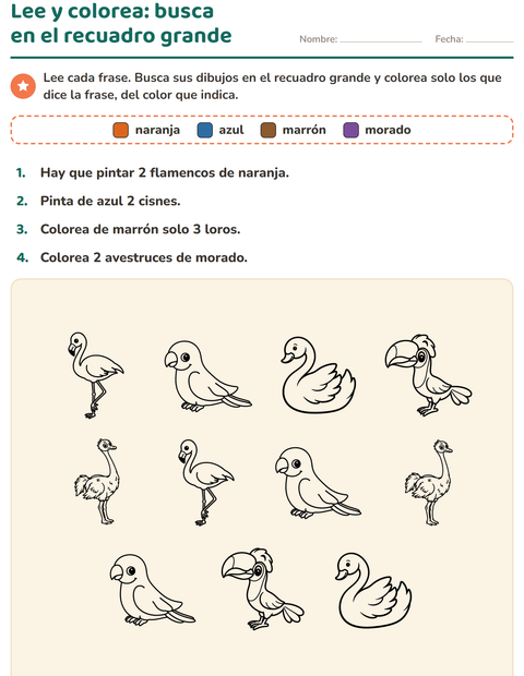 Vista previa de la hoja de Leer y colorear con Aves ByN 2 para grado 1