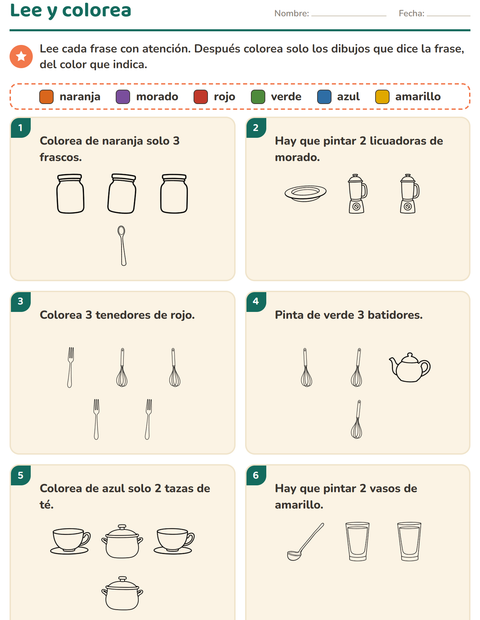 Vista previa de la hoja de Leer y colorear con Cocina BN para grado 1