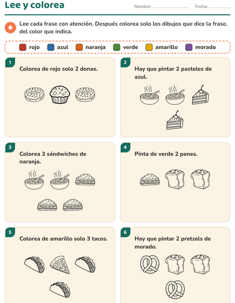 Vista previa de la hoja de Leer y colorear con Comida BN 2 para grado 1