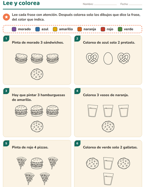 Vista previa de la hoja de Leer y colorear con Comida BN 3 para grado 1