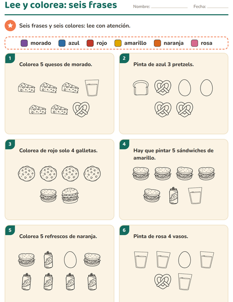 Vista previa de la hoja de Leer y colorear con Comida BN 3 para grado 1