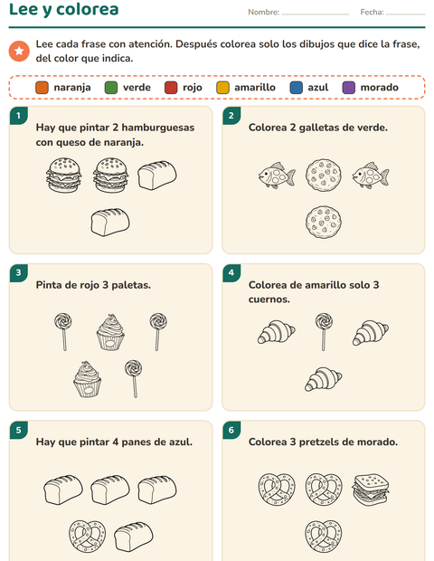 Vista previa de la hoja de Leer y colorear con Comida BN para grado 1