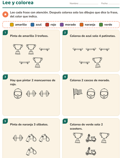 Vista previa de la hoja de Leer y colorear con Deportes BN para grado 1