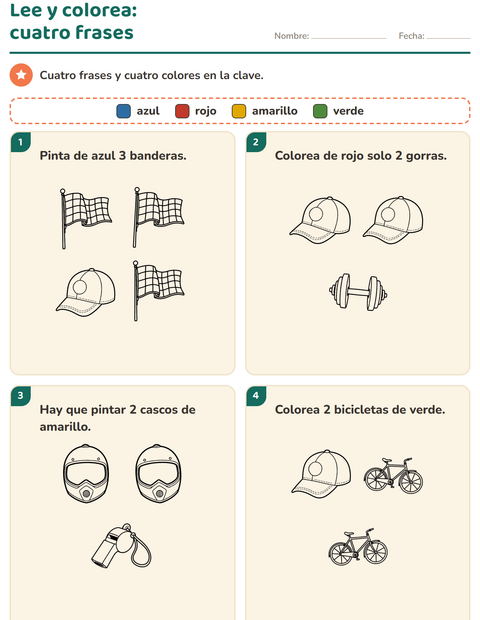 Vista previa de la hoja de Leer y colorear con Deportes BN para grado 1