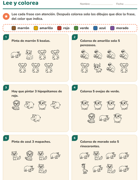 Vista previa de la hoja de Leer y colorear con Animales BN 2 para grado 1