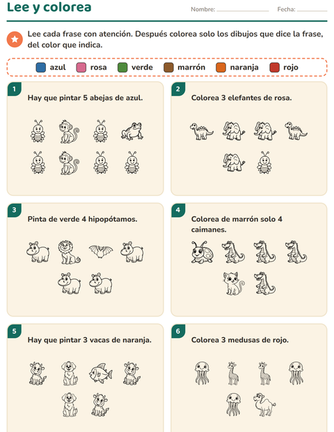 Vista previa de la hoja de Leer y colorear con Animales BN 3 para grado 1