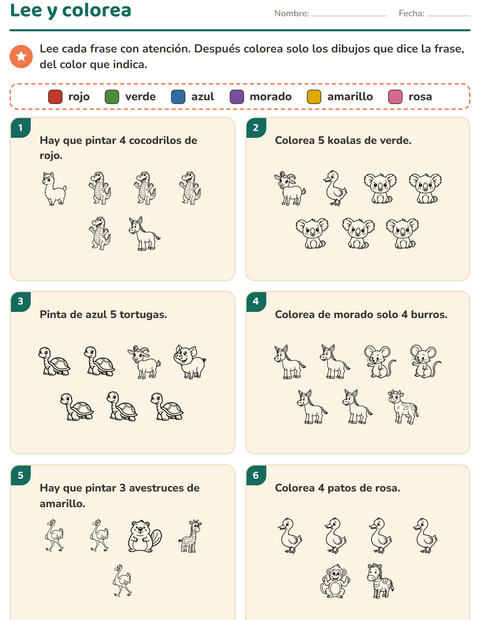 Vista previa de la hoja de Leer y colorear con Animales BN 4 para grado 1