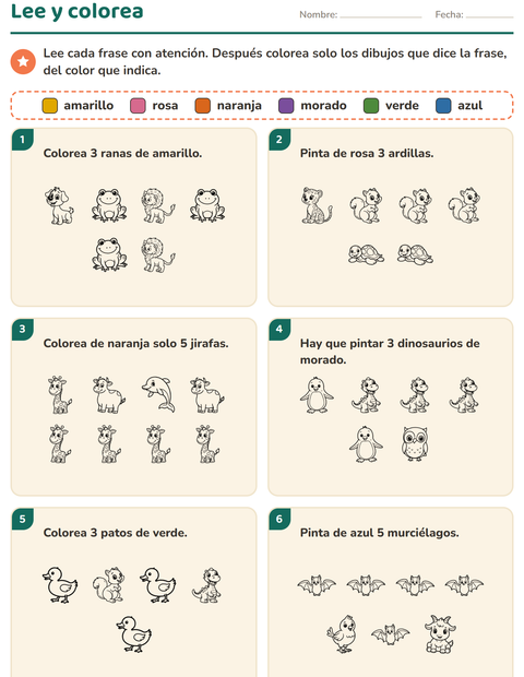 Vista previa de la hoja de Leer y colorear con Animales BN 5 para grado 1