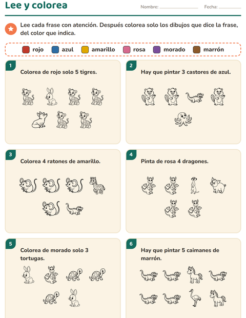 Vista previa de la hoja de Leer y colorear con Animales BN para grado 1