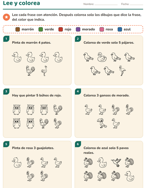 Vista previa de la hoja de Leer y colorear con Aves ByN 2 para grado 1