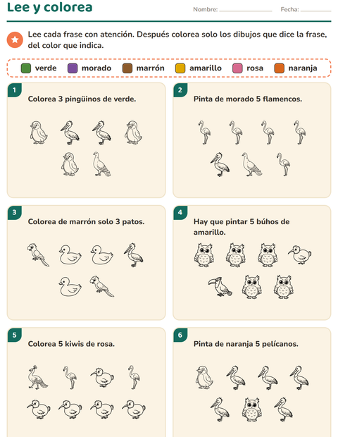 Vista previa de la hoja de Leer y colorear con Aves ByN para grado 1