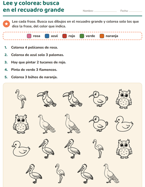 Vista previa de la hoja de Leer y colorear con Aves ByN para grado 1