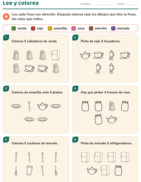 Vista previa de la hoja de Leer y colorear con Cocina BN para grado 1