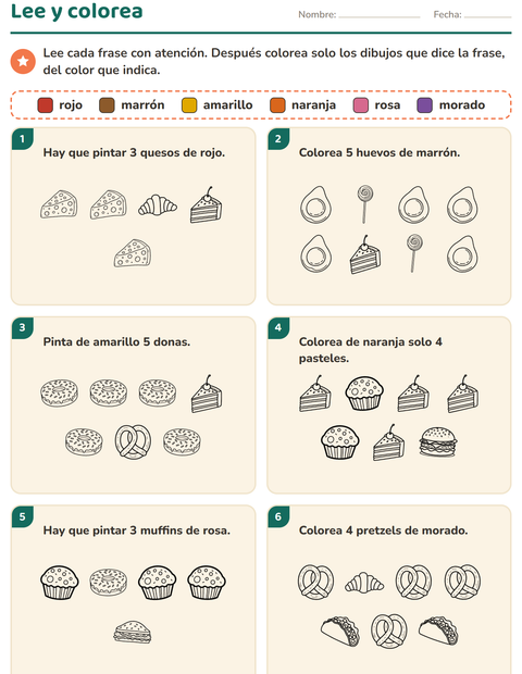 Vista previa de la hoja de Leer y colorear con Comida BN 2 para grado 1