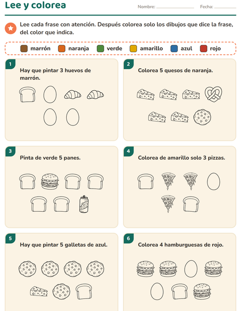 Vista previa de la hoja de Leer y colorear con Comida BN 3 para grado 1