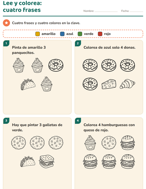 Vista previa de la hoja de Leer y colorear con Comida BN para grado 1