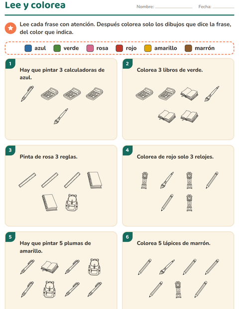 Vista previa de la hoja de Leer y colorear con Educación BN para grado 1