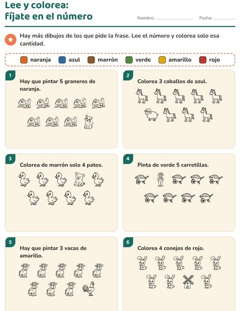 Vista previa de la hoja de Leer y colorear con Granja BN para grado 1