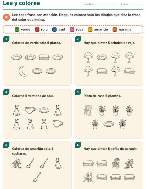 Vista previa de la hoja de Leer y colorear con Hogar y Naturaleza BN para grado 1