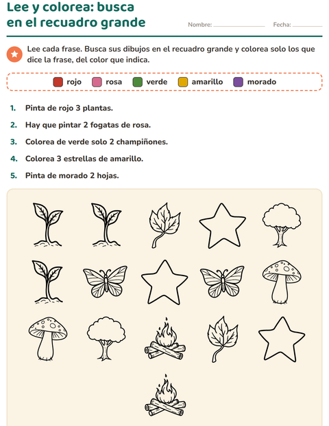 Vista previa de la hoja de Leer y colorear con Naturaleza BN para grado 1