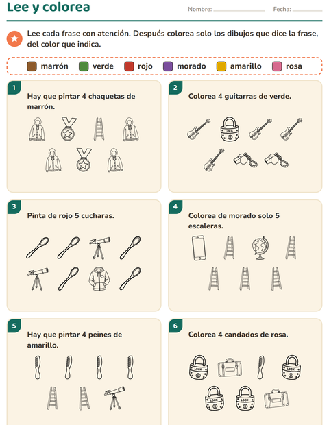 Vista previa de la hoja de Leer y colorear con Objetos BN para grado 1