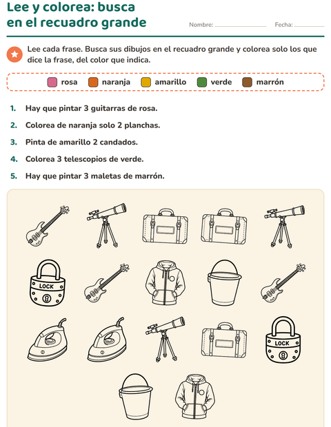 Vista previa de la hoja de Leer y colorear con Objetos BN para grado 1
