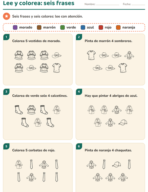 Vista previa de la hoja de Leer y colorear con Ropa BN para grado 1