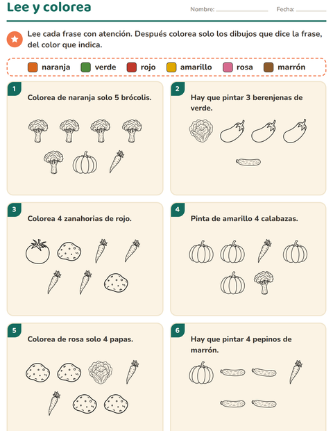 Vista previa de la hoja de Leer y colorear con Verduras BN para grado 1