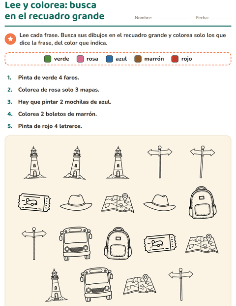 Vista previa de la hoja de Leer y colorear con Viajes y Vacaciones BN para grado 1