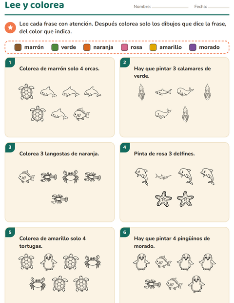 Vista previa de la hoja de Leer y colorear con Vida marina BN para grado 1