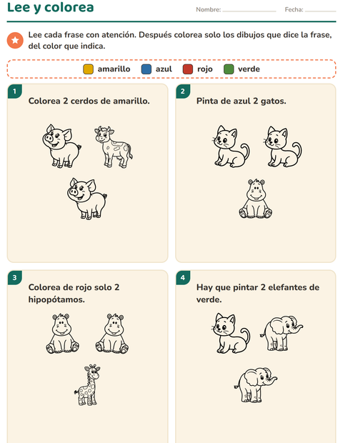 Vista previa de la hoja de Leer y colorear con Animales BN 4 para grado 1