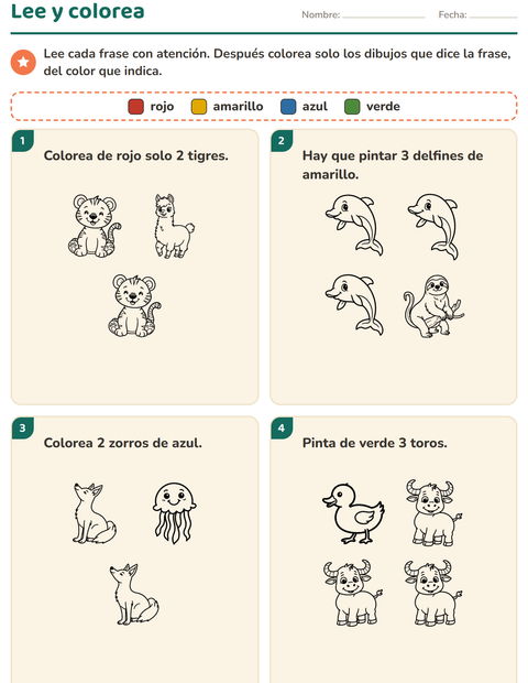 Vista previa de la hoja de Leer y colorear con Animales BN 5 para grado 1