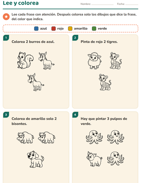 Vista previa de la hoja de Leer y colorear con Animales BN para grado 1