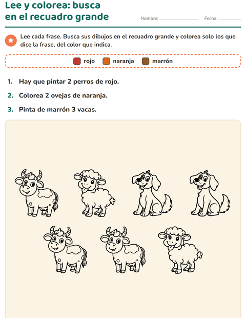 Vista previa de la hoja de Leer y colorear con Animales de granja BN para grado 1