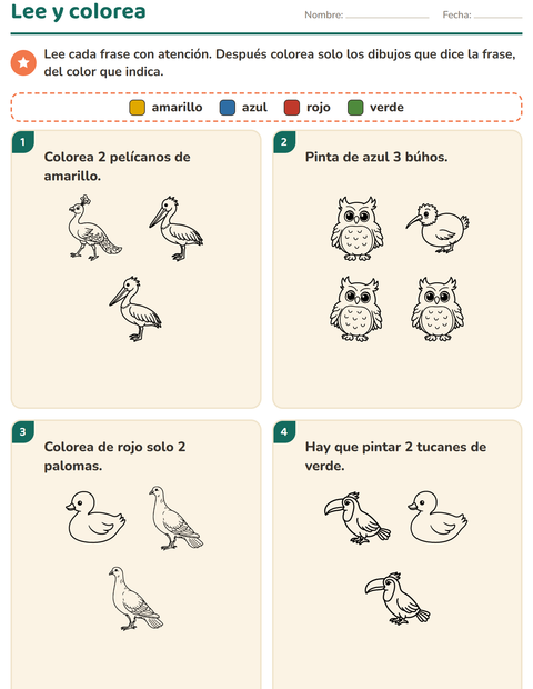 Vista previa de la hoja de Leer y colorear con Aves ByN para grado 1