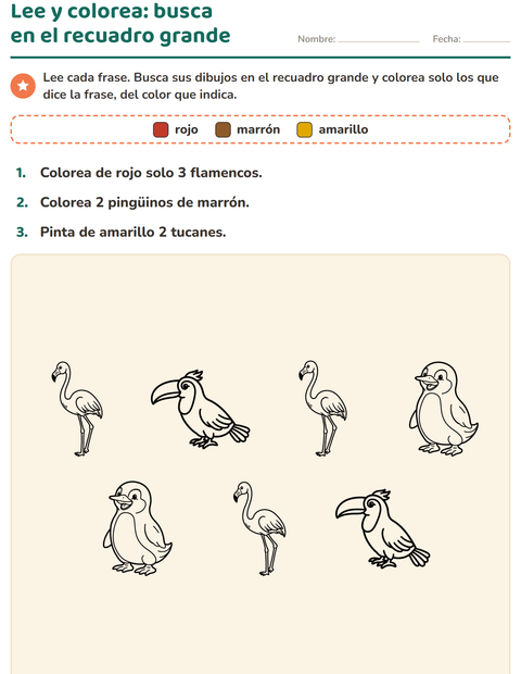 Vista previa de la hoja de Leer y colorear con Aves ByN para grado 1
