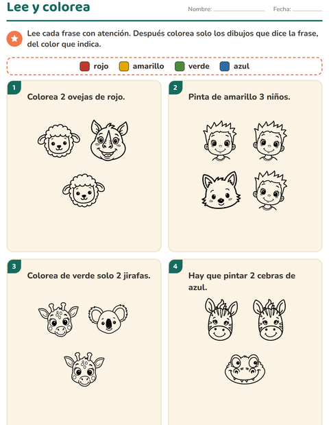 Vista previa de la hoja de Leer y colorear con Caras BN para grado 1