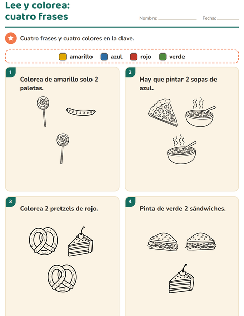 Vista previa de la hoja de Leer y colorear con Comida BN 2 para grado 1